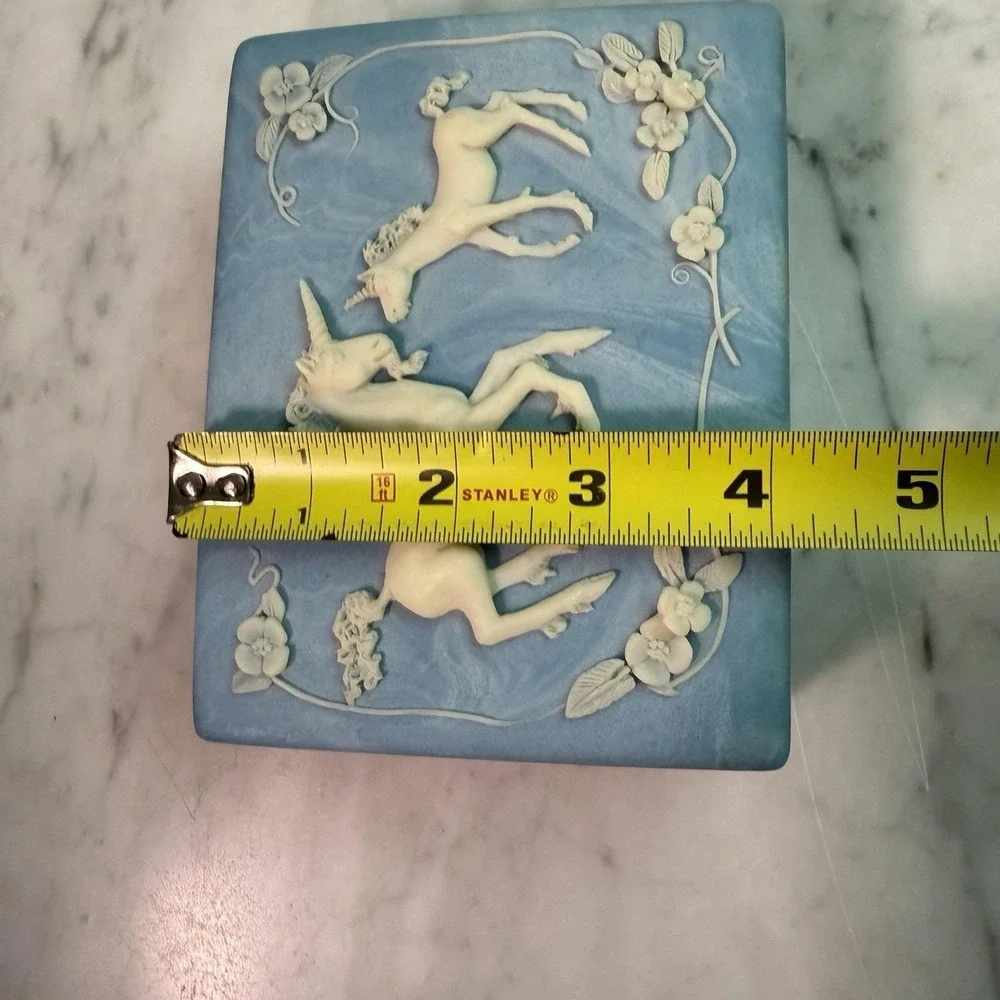 VTG 80s Genuine Incolay Stone Unicorn Mother Baby Trinket Box Powder Blue White